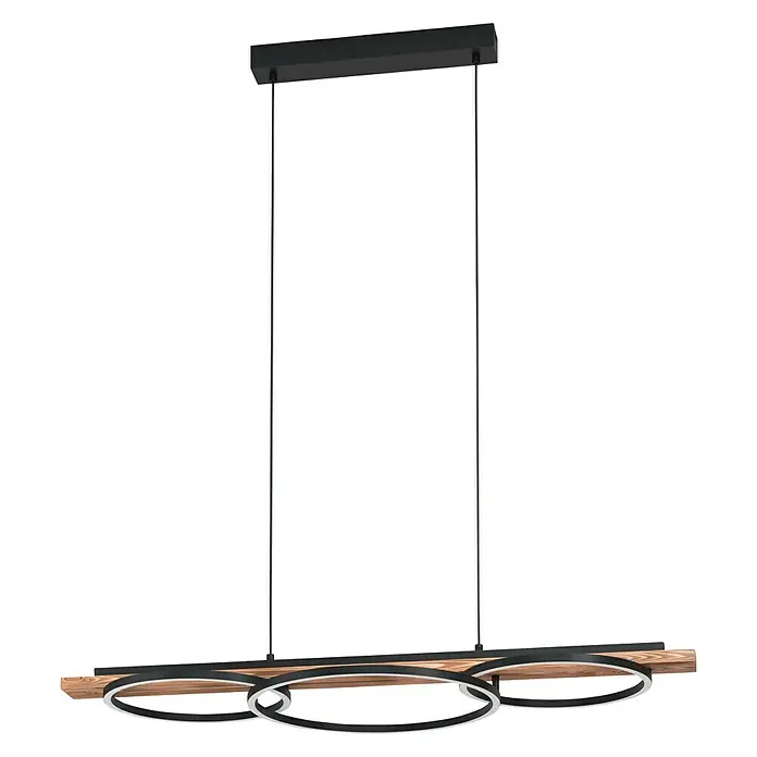 Eglo Boyal LED-Pendelleuchte - 40,5 W, L x B x H: 101 x 40 x 110 cm, Schwarz/Braun-rustikal, Warmweiß - Moderne LED-Hängeleuchte mit Holz- und Metallelementen. Das dreiflammige Design sorgt für eine stilvolle Beleuchtung im Raum.