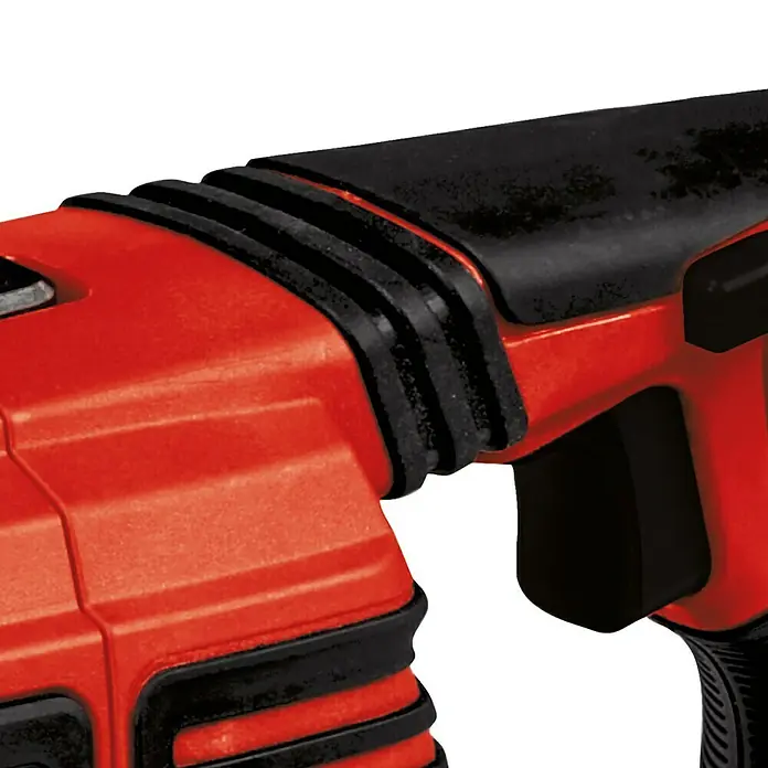 Einhell Professional PXC 18V Sierra de sable de batería TE-AP 18/28 Li BL - Solo - 18 V, Sin batería, Número de carreras marcha en vacío: 0 /min - 2.500 /min - Primer plano de un martillo perforador rojo y negro, con áreas de agarre de goma para un manejo seguro y un funcionamiento cómodo.