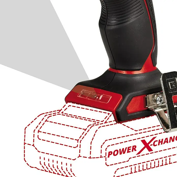 Einhell PXC 18V Taladro atornillador percutor de batería TP-CD 18/60 Li- i BL - 18 V, Sin batería, 60 Nm - Primer plano de un dispositivo inalámbrico Einhell que muestra una batería Power X-Change roja, conocida por su potencia y sistema intercambiable.