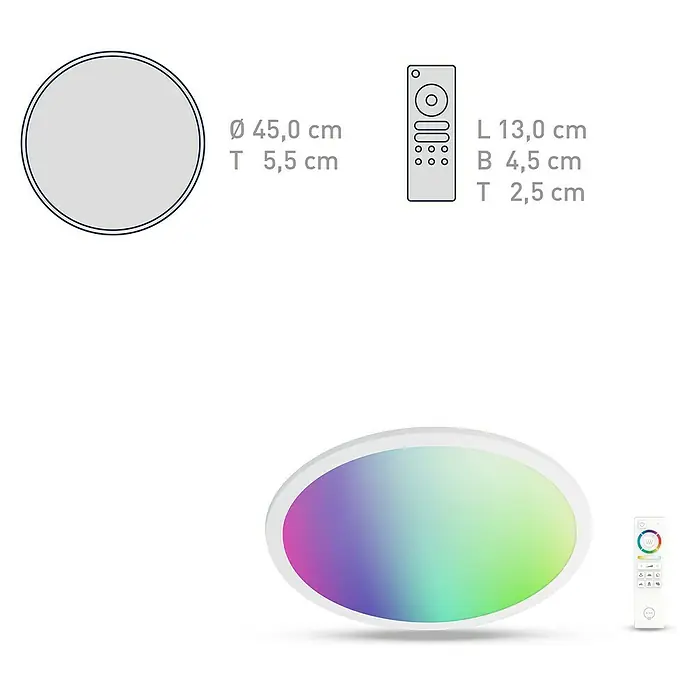 Müller-Licht Tint LED-Panel rund Loris - 30 W, Ø x H: 450 mm x 5,1 cm, Weiß, Warmweiß - Abbildung einer LED-Deckenleuchte mit Farbwechsel und einer zugehörigen Fernbedienung zur Steuerung der Lichteffekte.