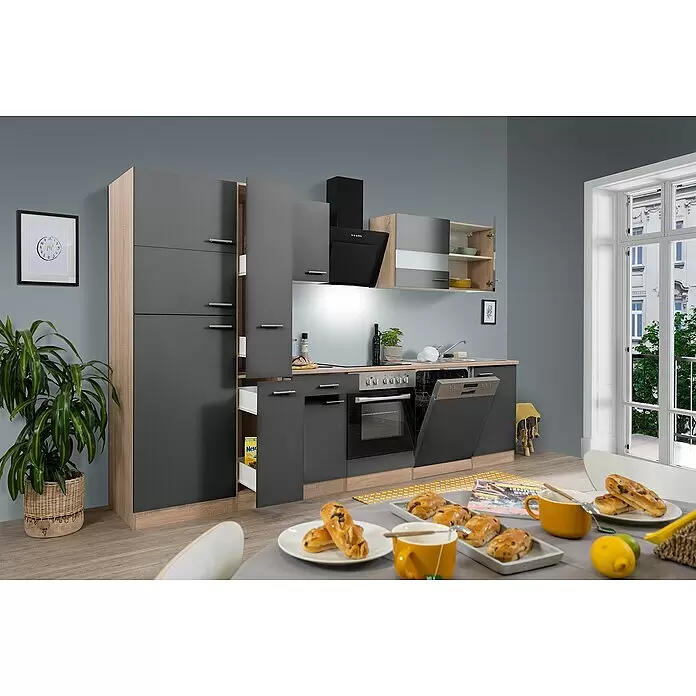 Respekta Küchenzeile Merle Typ 2 - Breite: 310 cm, Grau, Mit Elektrogeräten, Volumen Backofen: 72 l - Moderne Küchenzeile in Anthrazit und heller Holzoptik mit integrierten Geräten. Einige Schränke und Schubladen sind geöffnet.