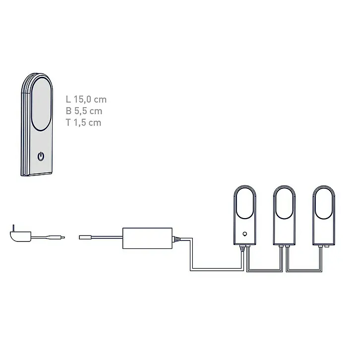 Müller-Licht Tint LED-Unterbauleuchte Armaro - 14 W, Weiß, L x B x H: 15 x 5,5 x 1,5 cm, 3 Stk. - Darstellung eines LED-Lichtsystems mit Stecker, Transformator und drei verbundenen Leuchten für stimmungsvolle Beleuchtung.