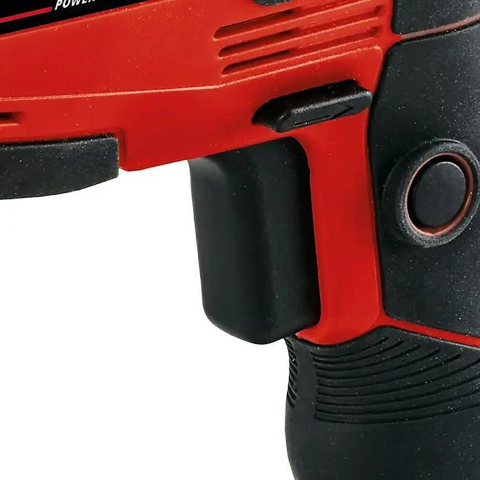 Einhell Power X-Change 18V Akku-Bohrhammer TC-ID 18 Li - Solo - 18 V, Ohne Akku, Schnellspannbohrfutter - Nahaufnahme einer roten und schwarzen Bohrmaschine, die Details des Designs und der Materialien des Elektrowerkzeugs zeigt.