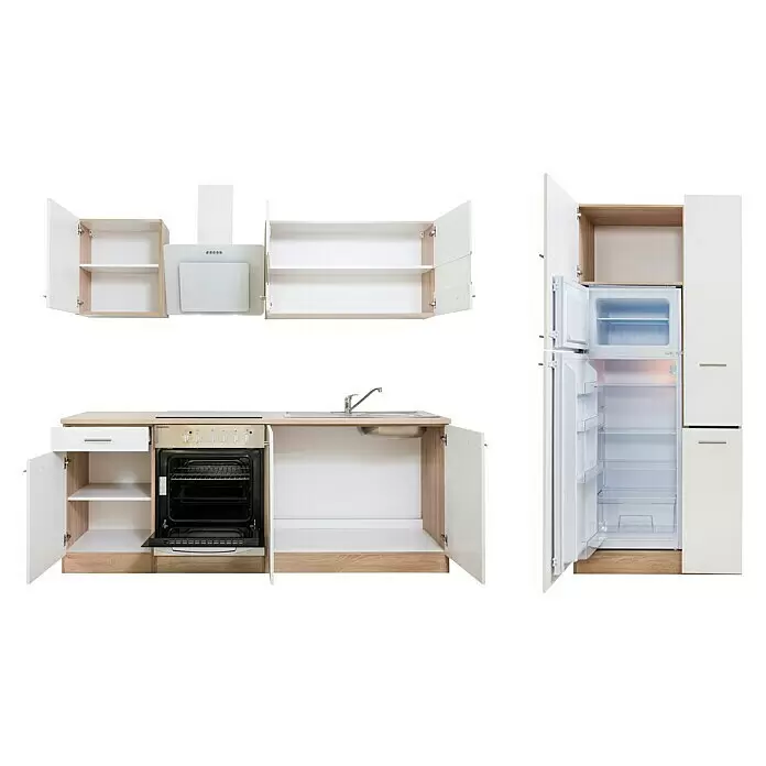 Respekta Composición de cocina Merle - Ancho: 300 cm, Blanco, Con electrodomésticos, Volumen horno: 72 l - Cocina modular con gabinetes blancos y madera clara, horno integrado, fregadero, campana extractora y frigorífico.