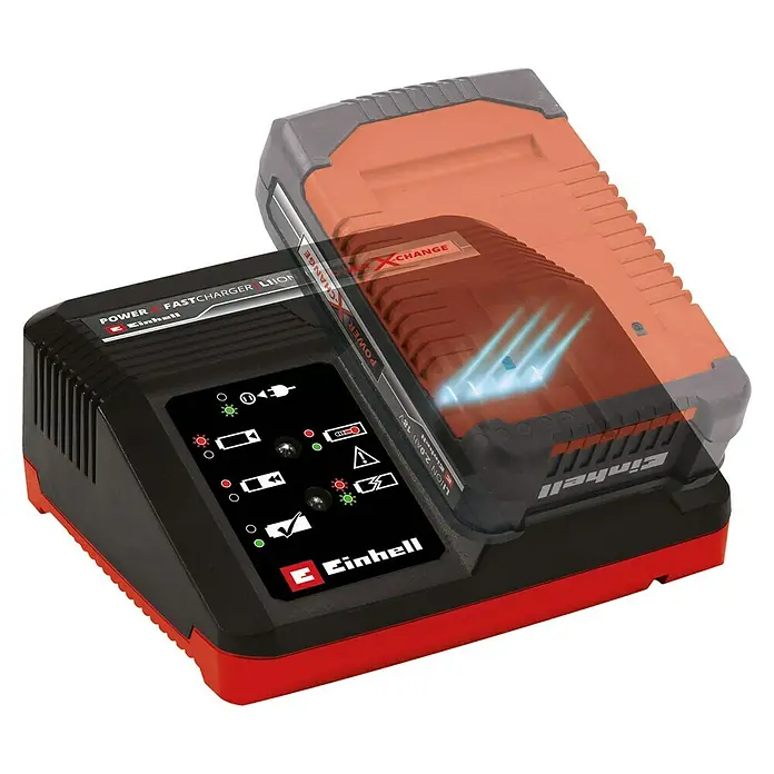 Einhell Power X-Change 18V Schnellladegerät Power X-Fastcharger - Passend für: Einhell Power X-Change Akkus 18 V - Nahaufnahme eines Einhell Power X-Change Schnellladegeräts mit einem Akku, der teilweise eingesetzt ist.