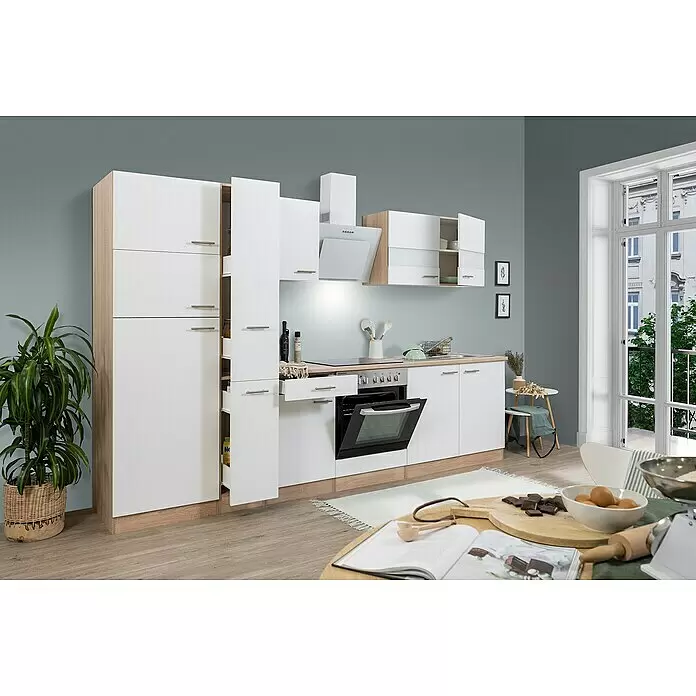 Respekta Küchenzeile Merle Typ 2 - Breite: 300 cm, Weiß, Mit Elektrogeräten, Volumen Backofen: 72 l - Moderne Einbauküche mit weißen und Holzdekor-Fronten, integriertem Backofen, Kochfeld und Spüle. Zeigt funktionelles Design in zeitgemäßer Umgebung.