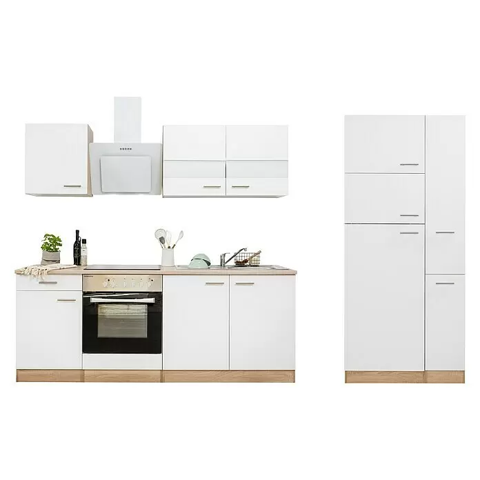 Respekta Composición de cocina Merle - Ancho: 300 cm, Blanco, Con electrodomésticos, Volumen horno: 72 l - Mueble de cocina blanco con base de efecto madera, horno, placa, fregadero, campana extractora y despensa integrados.