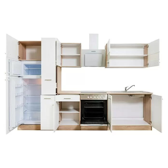 Respekta Composición de cocina Merle - Ancho: 300 cm, Blanco, Con electrodomésticos, Volumen horno: 72 l - Cocina modular de madera clara y blanca con armarios, nevera, horno, placa, fregadero y campana abiertos.