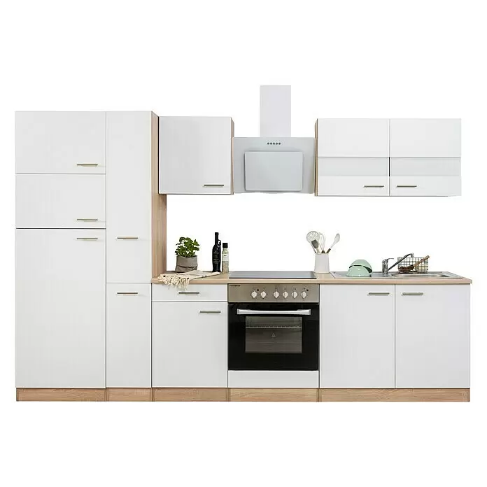 Respekta Composición de cocina Merle - Ancho: 300 cm, Blanco, Con electrodomésticos, Volumen horno: 72 l - Mueble de cocina modular blanco con detalles de madera clara, tiradores plateados, horno, placa, campana extractora y fregadero integrados.