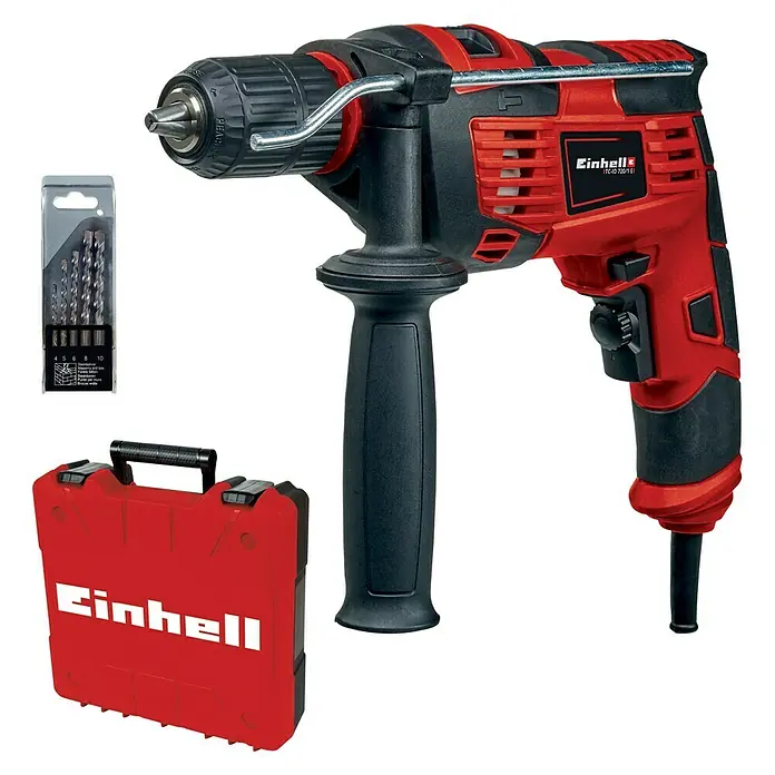 Einhell Schlagbohrmaschine TC-ID 720/1 E Kit - 720 W, Schnellspannbohrfutter - Einhell Schlagbohrmaschine im Set mit Bohraufsätzen und Aufbewahrungskoffer in Rot und Schwarz. Ideal für Heimwerker und Profis.