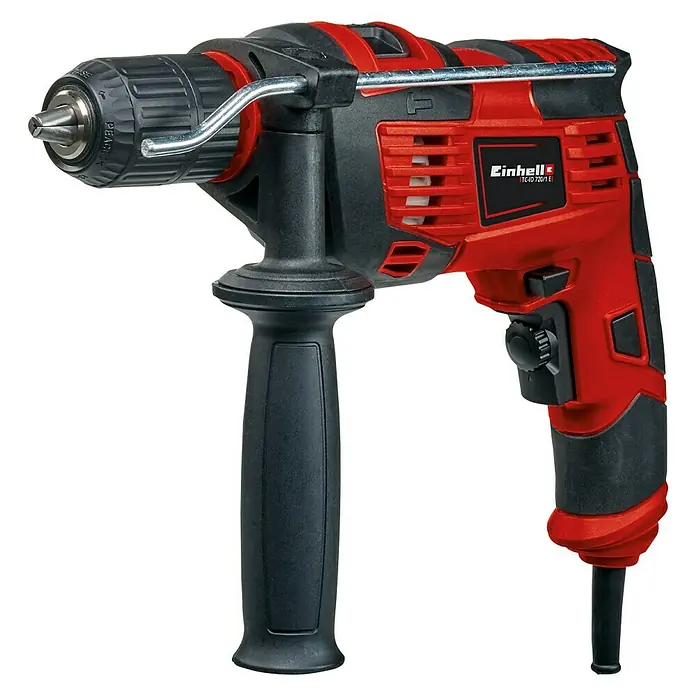 Einhell Schlagbohrmaschine TC-ID 720/1 E Kit - 720 W, Schnellspannbohrfutter - Abbildung eines Einhell TC-ID 720/1 E Schlagbohrers in Rot und Schwarz. Professionelles Werkzeug für präzise Bohrarbeiten.