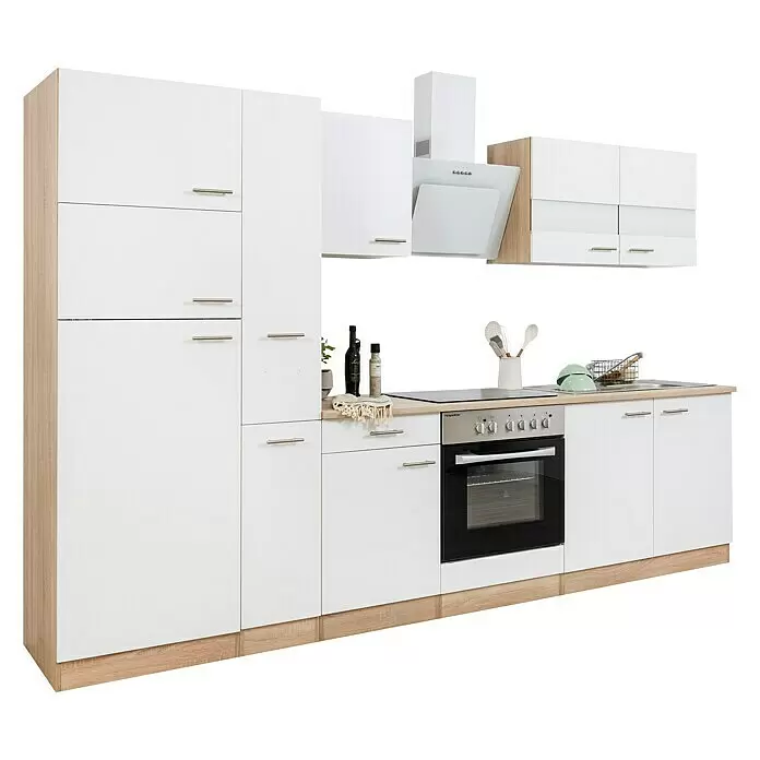 Respekta Composición de cocina Merle - Ancho: 300 cm, Blanco, Con electrodomésticos, Volumen horno: 72 l - Conjunto de cocina moderno con frentes blancos y detalles de madera clara, incluyendo armarios, horno, placa, fregadero y campana.