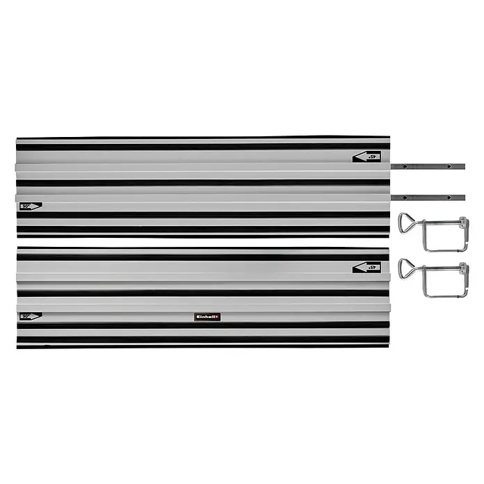 Einhell Führungsschiene 2 x 100 cm - Länge: 100 cm - Das Bild zeigt die Einhell Führungsschiene, ein Werkzeug für präzise Schnitte. Das Set beinhaltet Schienenverbinder und Schraubzwingen für sicheren Halt.
