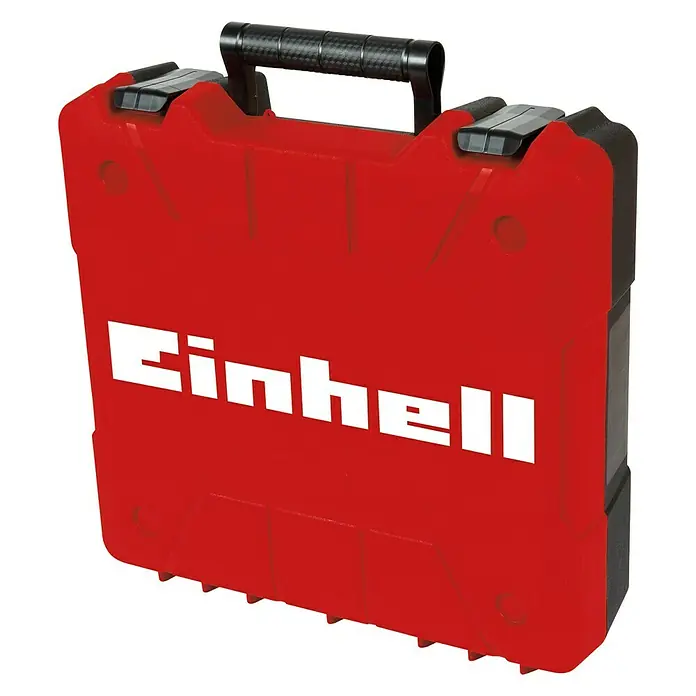 Einhell Schlagbohrmaschine TC-ID 720/1 E Kit - 720 W, Schnellspannbohrfutter - Ein roter Werkzeugkoffer der Marke Einhell mit einem schwarzen Tragegriff auf einem schwarzen Hintergrund.