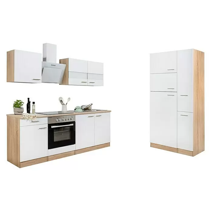 Respekta Composición de cocina Merle - Ancho: 300 cm, Blanco, Con electrodomésticos, Volumen horno: 72 l - Mueble de cocina moderno blanco y efecto roble, con horno, vitrocerámica, fregadero y armario alto.