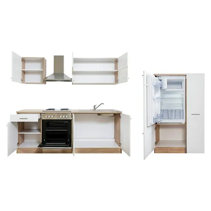 Respekta Küchenzeile Merle - Breite: 300 cm, Weiß, Mit Elektrogeräten, Volumen Backofen: 60 l - Abgebildete Küchenzeile mit weißen Schränken, Spüle, Herd und Kühlschrank vor schwarzem Hintergrund.