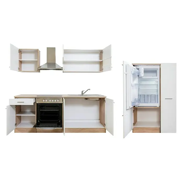 Respekta Küchenzeile Merle Typ 1 - Breite: 300 cm, Weiß, Mit Elektrogeräten - Moderne Küchenzeile mit weißen Schränken, Spüle, Herd und Kühlschrank vor schwarzem Hintergrund.