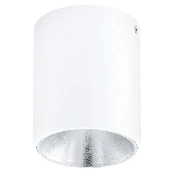 Eglo LED-Deckenleuchte rund POLASSO - 3,3 W, Ø x H: 100 mm x 120 cm, Weiß/Silber, Warmweiß - Nahaufnahme einer zylindrischen Deckenleuchte in Weiß mit silberfarbenem Reflektor, ideal für moderne Innenräume.