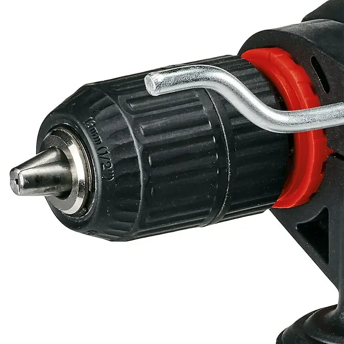 Einhell Power X-Change 18V Akku-Bohrhammer TC-ID 18 Li - Solo - 18 V, Ohne Akku, Schnellspannbohrfutter - Nahaufnahme einer Bohrmaschine mit Bohrfutter und rotem Ring, die für präzise Arbeiten geeignet ist.