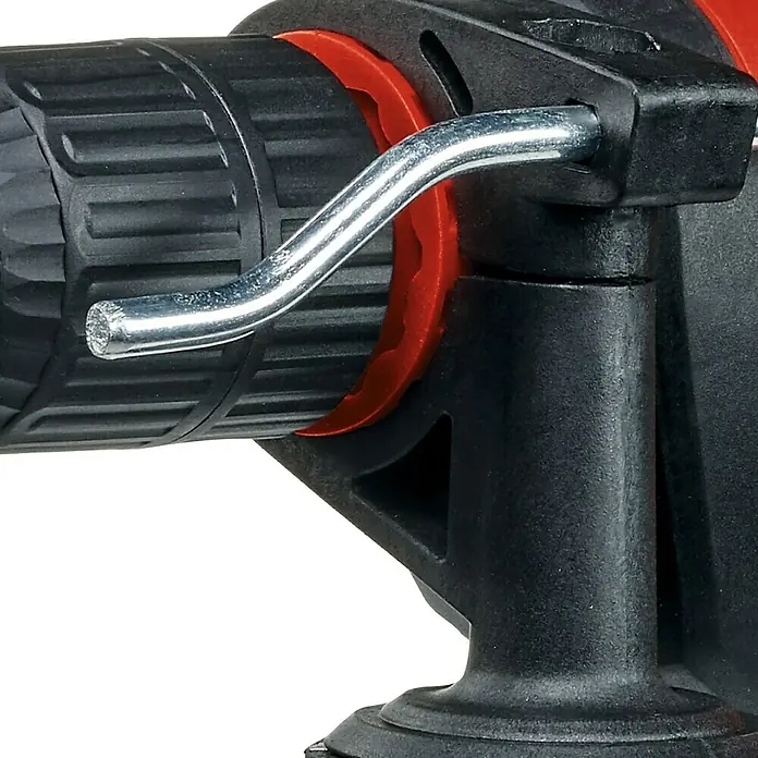 Einhell Schlagbohrmaschine TC-ID 720/1 E Kit - 720 W, Schnellspannbohrfutter - Nahaufnahme einer Bohrmaschine mit einem verstellbaren Tiefenanschlag. Dieses Werkzeug ist ideal für präzise Bohrarbeiten.