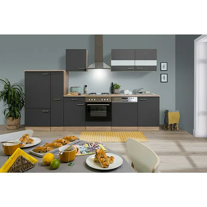 Respekta Küchenzeile Merle - Breite: 310 cm, Grau, Mit Elektrogeräten, Volumen Backofen: 60 l - Eine moderne Küche in Grautönen mit einer hellen Arbeitsplatte, einem integrierten Ofen und einer Auswahl an Schränken für Stauraum.