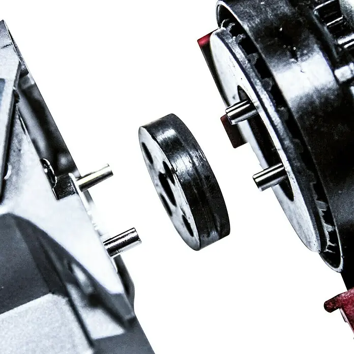Einhell Professional PXC 18V Amoladora angular de batería Axxio 18/125 Q - Sin batería, Diámetro disco: 125 mm, 8.500 r.p.m. - Vista explosionada de un montaje mecánico con disco de metal, pasadores y componentes de la carcasa sobre un fondo brillante.