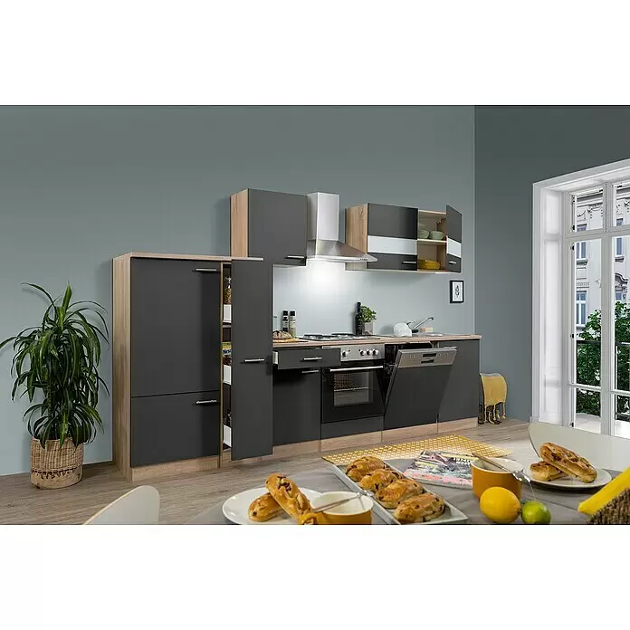 Respekta Küchenzeile Merle - Breite: 310 cm, Grau, Mit Elektrogeräten, Volumen Backofen: 60 l - Moderne Einbauküche mit dunkelgrauen Fronten und hellen Holz-Elementen, integrierten Geräten und offenem Stauraum.