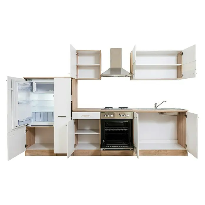 Respekta Küchenzeile Merle - Breite: 300 cm, Weiß, Mit Elektrogeräten, Volumen Backofen: 60 l - Einbauküche mit offenen Schränken, Kühlschrank, Herd und Spüle. Die Küche ist modern und funktional gestaltet für kleine Räume.