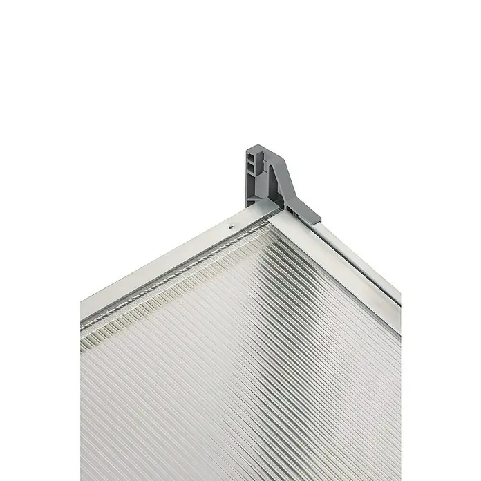 Juwel Easy Fix Frühbeet - 100 x 60 x 40 cm - Detailaufnahme einer Gewächshaus-Ecke mit Aluminiumrahmen, Doppelstegplatten und grauem Kunststoff-Verbindungsstück.