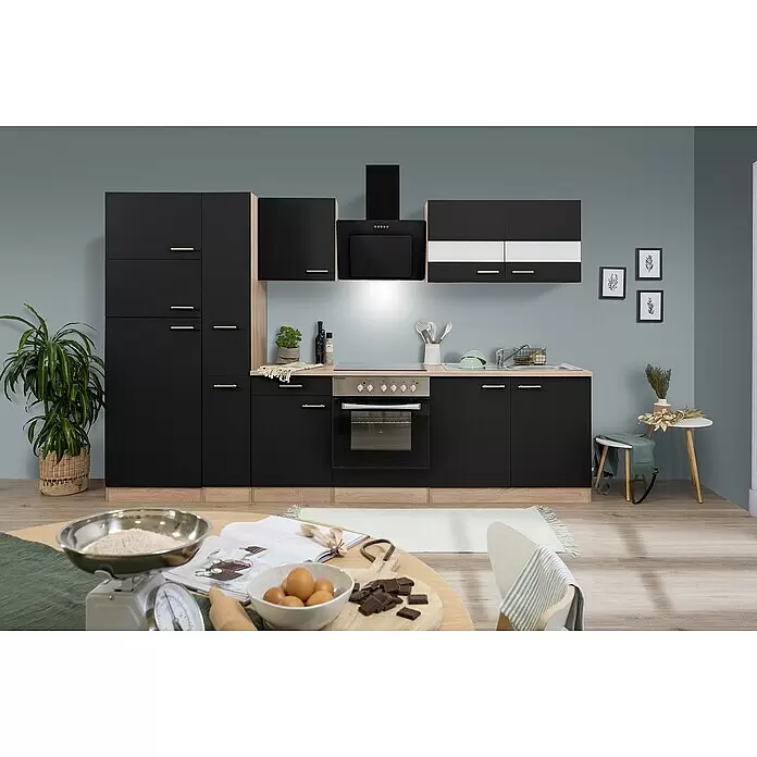 Respekta Küchenzeile Merle Typ 2 - Breite: 300 cm, Schwarz, Mit Elektrogeräten, Volumen Backofen: 72 l - Moderne Küchenzeile mit schwarzen Schränken, Holzoptik-Akzenten, Backofen, Kochfeld, Spüle und Dunstabzugshaube.