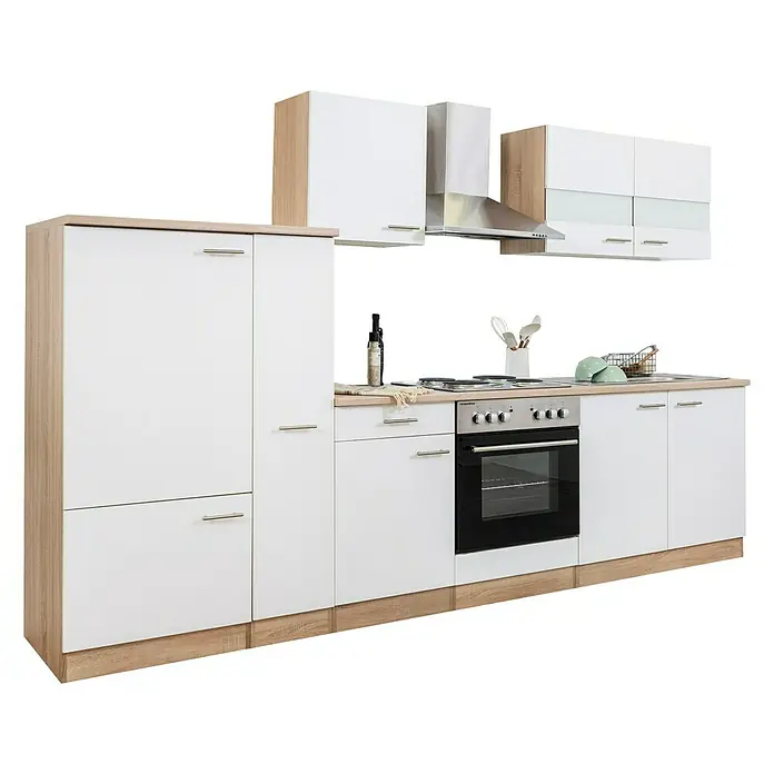 Respekta Küchenzeile Merle - Breite: 300 cm, Weiß, Mit Elektrogeräten, Volumen Backofen: 60 l - Aufnahme einer Küchenzeile in Weiß und Holzoptik, die eine moderne und stilvolle Atmosphäre ausstrahlt.