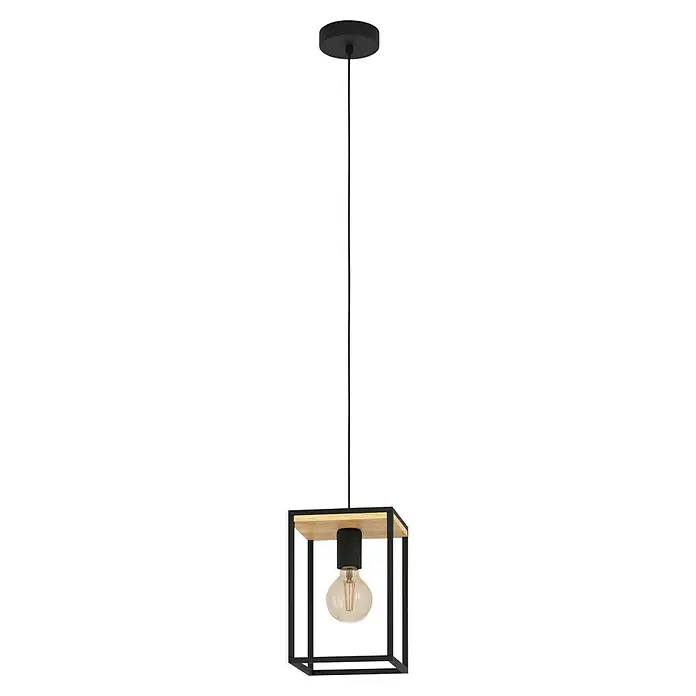 Eglo Pendelleuchte LIBERTAD - 40 W, L x B x H: 18 x 18 x 110 cm, Schwarz/Braun, E27 - Hängeleuchte mit schwarzem Rahmen und Holzelementen, die eine Vintage-Glühbirne umgibt. Moderne Beleuchtung für stilvolle Innenräume.