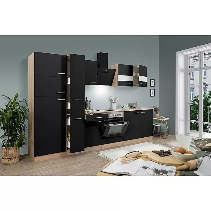 Respekta Küchenzeile Merle Typ 2 - Breite: 300 cm, Schwarz, Mit Elektrogeräten, Volumen Backofen: 72 l - Moderne Küche mit schwarzen Schränken, hellen Holzrahmen, integriertem Ofen und Dunstabzugshaube in hellem Raum.