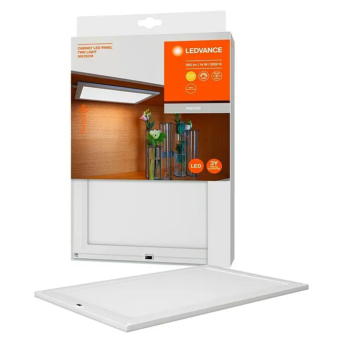 Ledvance LED-Unterbauleuchte Cabinet Sensor - 30 x 20 x 0,8 cm, 14 W, Warmweiß, Gesamtstückzahl: 2 Stk. - Produktverpackung für LEDVANCE TWO LIGHT Schrankleuchte (30x20cm) mit 900lm, 14W, 3000K Farbtemperatur und 3 Jahren Garantie.