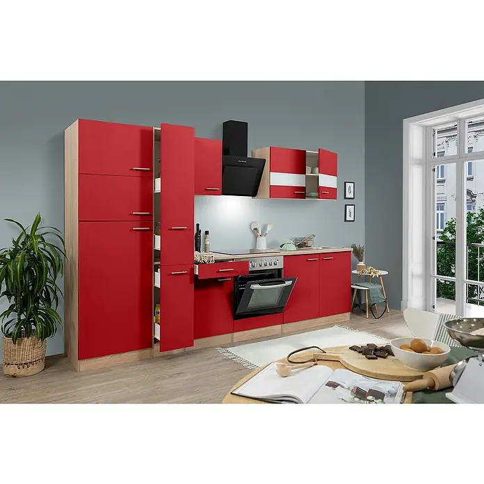 Respekta Küchenzeile Merle Typ 2 - Breite: 300 cm, Rot, Mit Elektrogeräten, Volumen Backofen: 72 l - Einladende Küche in Rot und Holzoptik. Die moderne Küchenzeile bietet viel Stauraum und eine stilvolle Dunstabzugshaube.