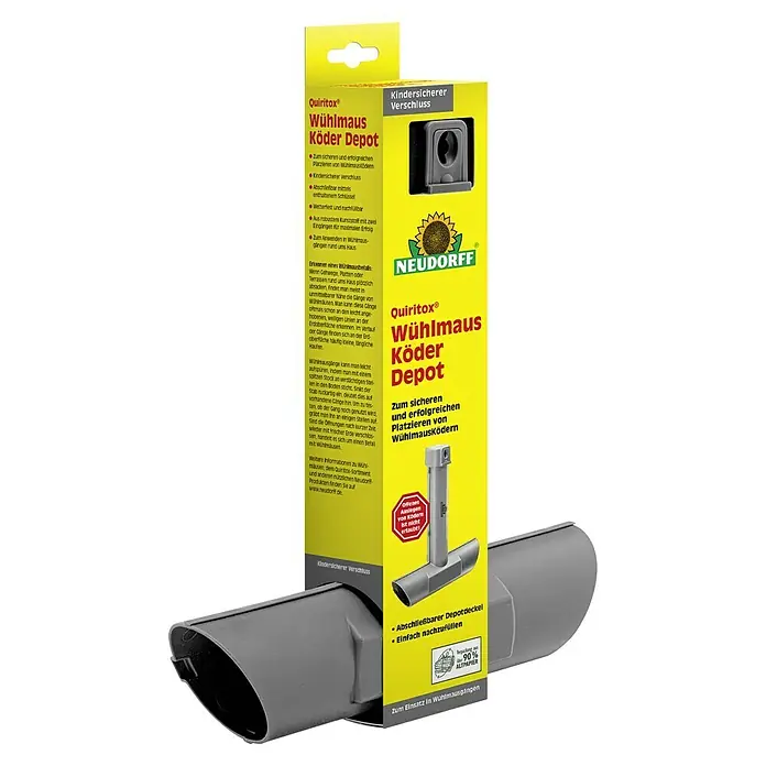 Neudorff Quiritox Wühlmausköder Depot - 67 x 248 x 275 mm - Produktbild eines Quiritox Wühlmaus Köder Depots zur sicheren Ausbringung von Wühlmausködern mit kindersicherem Verschluss.