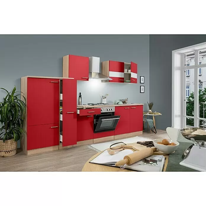 Respekta Küchenzeile Merle - Breite: 300 cm, Rot, Mit Elektrogeräten, Volumen Backofen: 60 l - Rote Küchenzeile mit heller Holzverkleidung, integriertem Backofen, Kochfeld und Spüle, in moderner Küchenumgebung mit offenen Schränken und Schubladen.