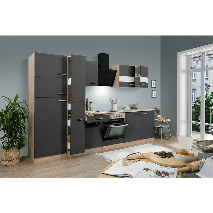 Respekta Küchenzeile Merle Typ 2 - Breite: 300 cm, Grau, Mit Elektrogeräten, Volumen Backofen: 72 l - Moderne Küche in Grau mit Holzstruktur und offenen Schränken, ideal für stilvolles Wohnen und Kochen.