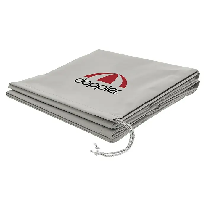 Doppler Expert Schirm-Schutzhülle - Passend für: Schirme bis Ø 250 cm - Eine graue Schutzhülle von Doppler mit rotem Logo und Kordelzug, die das Produkt vor Witterungseinflüssen schützt und die Lebensdauer verlängert.