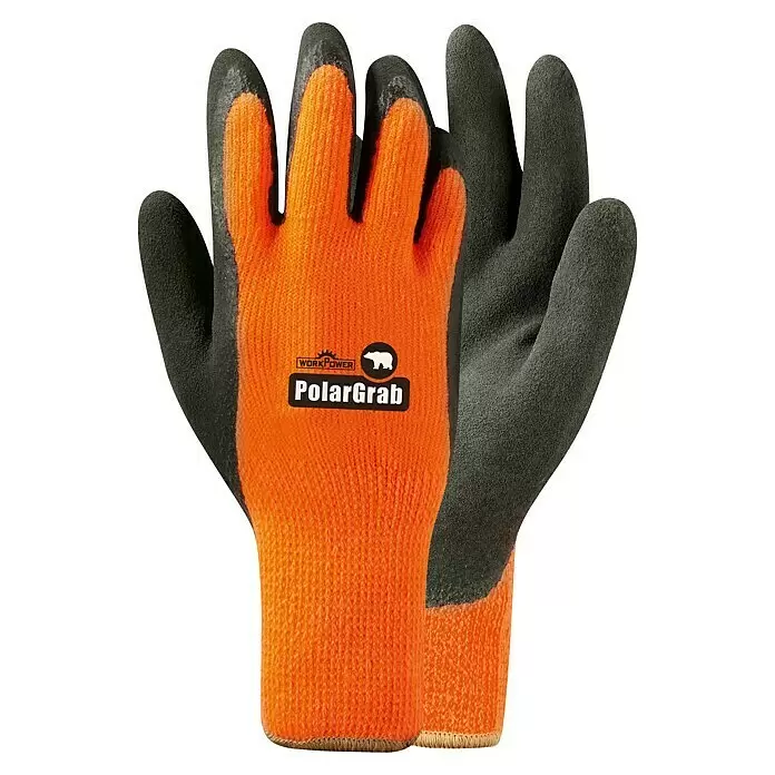 Scheibler Arbeitshandschuhe Workpower Polargrab - Orange, 10 - Ein Paar orange-schwarze Arbeitshandschuhe mit texturierten schwarzen Handflächen und gestrickten orangen Handrücken, mit PolarGrab-Logo.