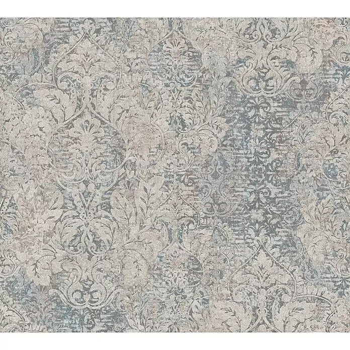 A.S. Création Mata Hari Vliestapete - Blau/Kupfer, Ornament, 10,05 x 0,53 m - Abgenutztes Damastmuster in gedämpften Blau-, Grau- und Cremetönen, für dekorative Oberflächen geeignet.
