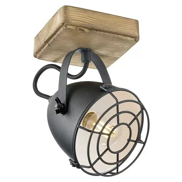 Tween Light Pecco Wandstrahler - 40 W, L x B x H: 11,5 x 11,5 x 20 cm, Schwarz, Braun, E14 - Schwarzer Metall-Deckenstrahler mit Käfigdesign und sichtbarer Glühbirne, montiert auf einem rustikalen Holzsockel.