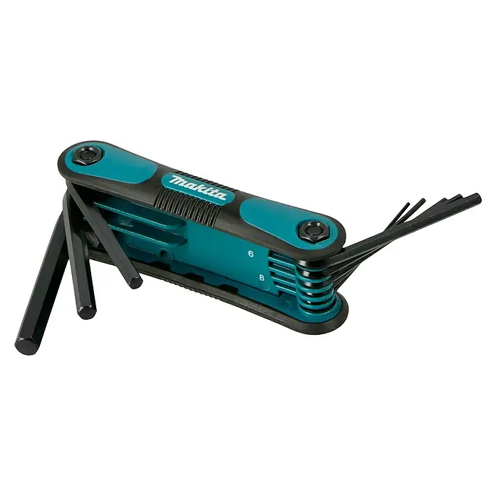 Makita Werkzeugkoffer E-10883 - L x B x H: 420 x 312 x 130 mm, 221 -tlg. - Das Bild zeigt einen Klappbaren Innensechskantschlüssel-Satz von Makita in Türkis und Schwarz, ein praktisches Werkzeug für verschiedene Schraubarbeiten.
