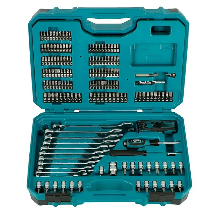 Makita Werkzeugkoffer E-10883 - L x B x H: 420 x 312 x 130 mm, 221 -tlg. - Werkzeugkoffer von Makita, gefüllt mit einer Vielzahl von Schraubendrehern, Schraubenschlüsseln und Steckschlüsseln für verschiedene Anwendungen.