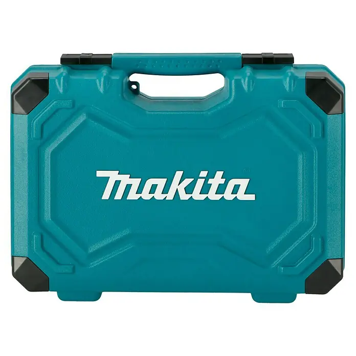 Makita Werkzeugkoffer E-10883 - L x B x H: 420 x 312 x 130 mm, 221 -tlg. - Blaue Makita Werkzeugkiste mit schwarzem Griff und Ecken, ideal für die sichere Aufbewahrung und den Transport von Werkzeugen.