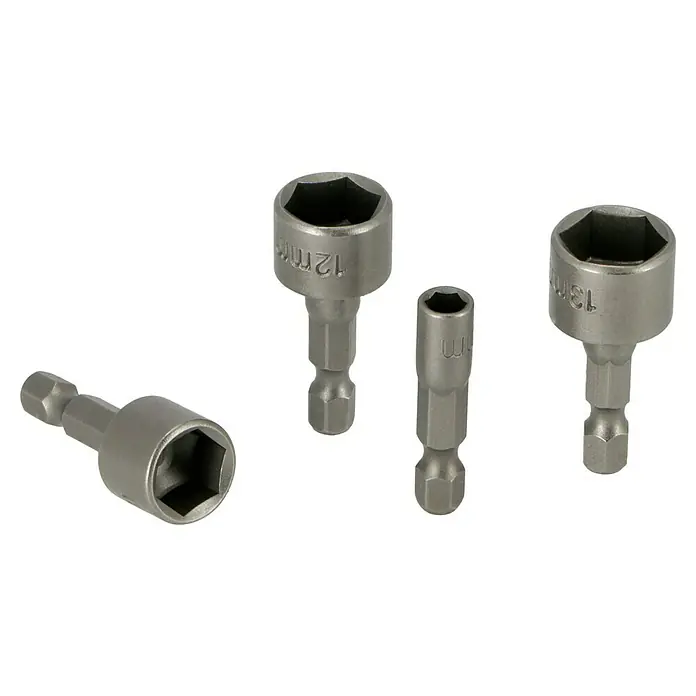 Makita Werkzeugkoffer E-10883 - L x B x H: 420 x 312 x 130 mm, 221 -tlg. - Verschiedene Steckschlüsseleinsätze für Schraubendreher, inklusive 12mm und 13mm Varianten, auf schwarzem Hintergrund.