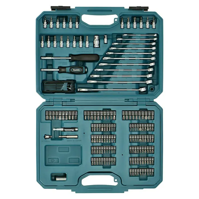 Makita Werkzeugkoffer E-10883 - L x B x H: 420 x 312 x 130 mm, 221 -tlg. - Makita Werkzeugkoffer mit einer Vielzahl von Schraubendrehern, Steckschlüsseln und Bits, ideal für Handwerker und Heimwerker.