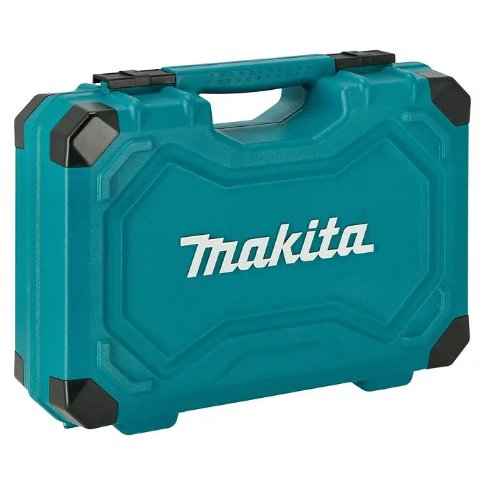 Makita Maletín de herramientas E-10883 - 221 pzs. - Primer plano de una caja de herramientas Makita turquesa con asa y esquinas negras, perfecta para guardar y transportar herramientas.
