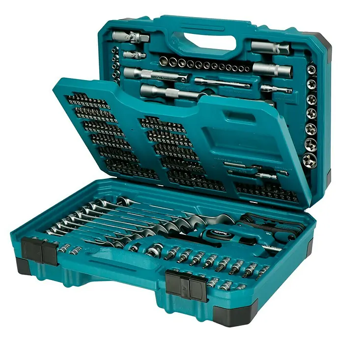 Makita Werkzeugkoffer E-10883 - L x B x H: 420 x 312 x 130 mm, 221 -tlg. - Ein umfassender Werkzeugkoffer von Makita, der eine breite Palette an Bohrern, Bits und Steckschlüsseln für Heimwerker und Profis bietet.