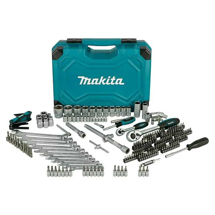 Makita Werkzeugkoffer E-10883 - L x B x H: 420 x 312 x 130 mm, 221 -tlg. - Makita Werkzeugsatz in einer türkisfarbenen Box mit einer Vielzahl von Steckschlüsseln, Schraubendrehern und anderen Werkzeugen für verschiedene Anwendungen.